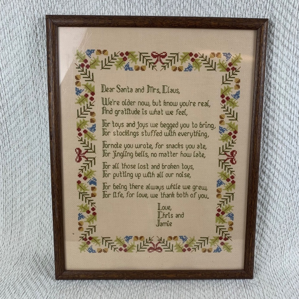 Vintage Framed Cross Stitch Christmas Letter to Santa Claus Completed Sampler‎